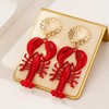 Nautical Seashell and Red Lobster Dangle Earrings, Gold-Tone Statement Jewelry,
