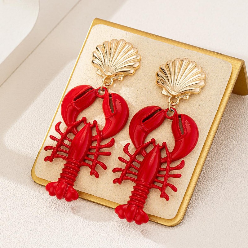 Nautical Seashell and Red Lobster Dangle Earrings, Gold-Tone Statement Jewelry,