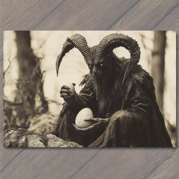 PaperMadDogScar POSTCARD Evil Goat Horned Figure Easter Egg Ominous Mythical