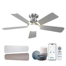 Passky Ceiling Fans with Lights, 42 Inch Smart Ceiling Fan with Remote/APP/Alexa Control, Flush Mount, Reversible, 3CCT, Dimmable, Quiet, Nickel Small Ceiling Fan for Bedroom Indoor/Outdoor Use