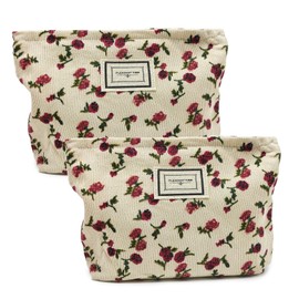 SKHAOVS 2 Pack Corduroy Toiletry Bag, Canvas Cosmetic Bag, Floral Makeup Bag, Rose Flower Printing Corduroy Toiletry Bag, Portable Cosmetic Bag, Toiletry Organizer Storage, White (White)