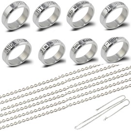 Kpop BTS Ring with Necklace, 8 Pieces BTS Ring, BTS Chain, BTS Necklace, BTS Army Ring, BTS Army Chain, BTS Jewellery, Creative Gift for Fans Boys Girls, Sterling Silver