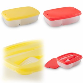 Tantevia Set of 2 Bento Lunch Box with Cutlery | Microwavable | Over 10 Designs | Plastic Food Box with Lid | Colour: Yellow / Red (Griva)