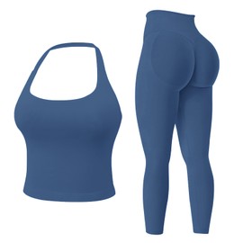 MAYROUND Womens Workout Sets Gym Outfits 2 Pieces Seamless Longline Halter Backless Crop Top Hidden Scrunch Leggings Yoga Tracksuit