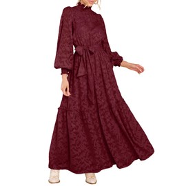 MITILLY Women's Floral Lace Long Puff Sleeve Ruffle High Neck A-Line Flowy Tiered Maxi Dress with Belt X-Large Wine Red