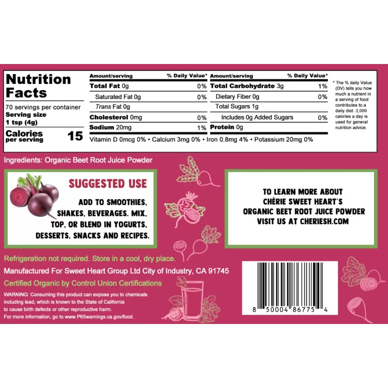 Cherie Sweet Heart Organic Beet Root Juice Powder, Natural Nitrates