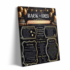102nd Birthday Canvas Wall Art framed Print, Vintage Retro Birthday Decor with Fun Facts, Famous People and Historic Events from the Year 1923, Party Supplies, Birthday Gifts for Men Women 16X20 inch