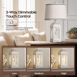 QiMH Table Lamp for Living Room, 26" Rustic Farmhouse Lamps with USB A+C and Nightlight, 3-Way Dimmable Touch Control Bedside Lamps, Nightstand Lamp for Bedroom, Shabby White, 1 Pack