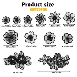Jeffdad 12 Pcs Flower Lace Embroidered Applique 3D Floral Sew On Patches, for Dress Jeans Sweater Hats Bags Clothes Repairing Decorating Wedding Dress DIY Sewing Craft(Black)