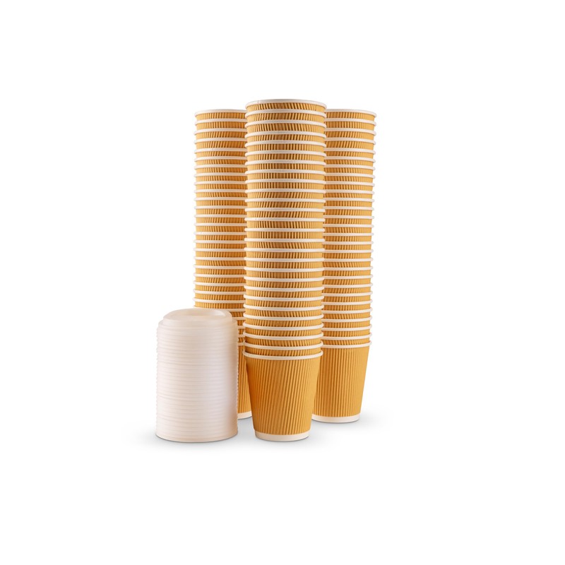 FOOGO Green 25x 10oz Disposable Paper Coffee Cups with Lids,