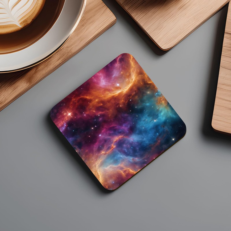 Space Coaster Set, Multicolour Universe Galaxy Art 9cm Glossy Wood