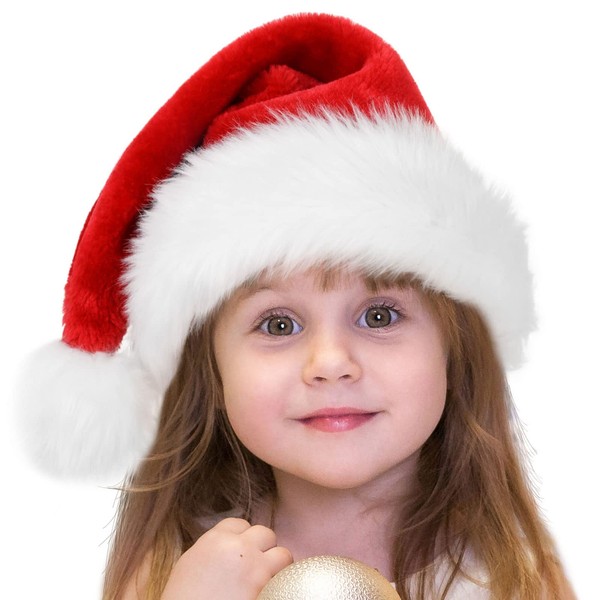benpen Children's Christmas Hat, Plush Santa Hat, Red Santa Hat, Comfortable, Thick, Classic Santa Hat Made of Velvet for Festive Parties in the New Year