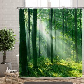 Ttincceer Green Forest Shower Curtain 152 x 183 cm Rainforest Sunshine Forest Land at Sunrise Morning Bathroom Curtain Nature Landscape Mould Proof Resistant Shower Curtain Set