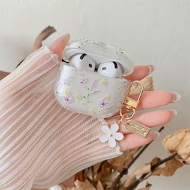 MINSCOSE Compatible with AirPods 4 Clear Case, Cute Aesthetic Floral Pattern Design with Floral Key Fob, Soft TPU Protection, Shockproof Cover for AirPods 4 for Women Girls Purple