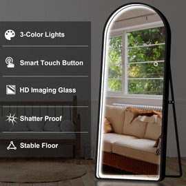 GlasFlength 64"x21" Arched Full Length Mirror with LED Lights, Free Standing Floor Mirror, Full Body Dressing Mirror, Wall Mounted Hanging Mirror for Bedroom, Black