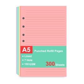 (3 Pack)7-Hole Lined Refills Paper, A5 Filler Paper for Planner Inserts, A5 Loose Leaf Paper, 5 Colors(60 Sheets/C), Total 300 Sheets/600 Pages, College Ruled, 5.5 X 8.5 Inch