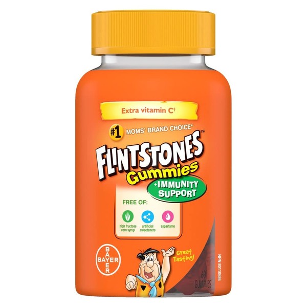 FLINTSTONES Kids Multivitamin Gummies Plus Immunity Support- Multivitamins for Kids, Kids Multivitamin Gummy With Zinc and Extra Vitamin C‡, Free of Artificial Sweeteners, Free of Aspartame, Free of Synthetic FD&C Dyes, 60 Gummies