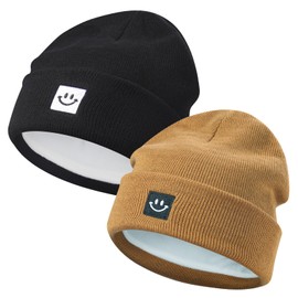 MaxNova 2 Pack Baby Beanie Fleece Lined Knit Toddler Hat for Girls Boys 0-8 Years Black/Camel