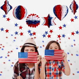 4th of July Decor - Independence Day Honeycomb Pendant Decor Red Blue and White Paper Fans Poms for Fourth of July Patriotic Decorations Wedding Graduation Independence Day 6 Pcs