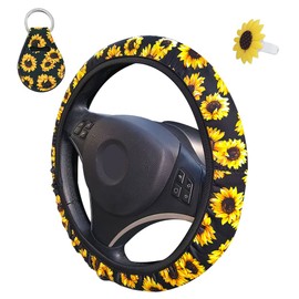 Sunflower Steering Wheel Cover, AFUNTA Cute and Universal Steering Wheel Cover & Keychain & Air Freshener Holder for Woman, Car Accessories