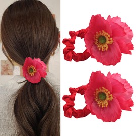 2Pcs Rose Red Hawaiian Flower Hair Scrunchies, Spring Summer Floral Hair Ties for Women, Hibiscus Foam Silk Scrunchies,Girl Hair Accessories for Hawaii Tropical, Beach Party