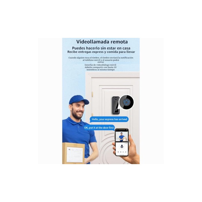 Timbre con Vídeo Inteligente Inalámbrico, Cámara de Timbre con Monitoreo