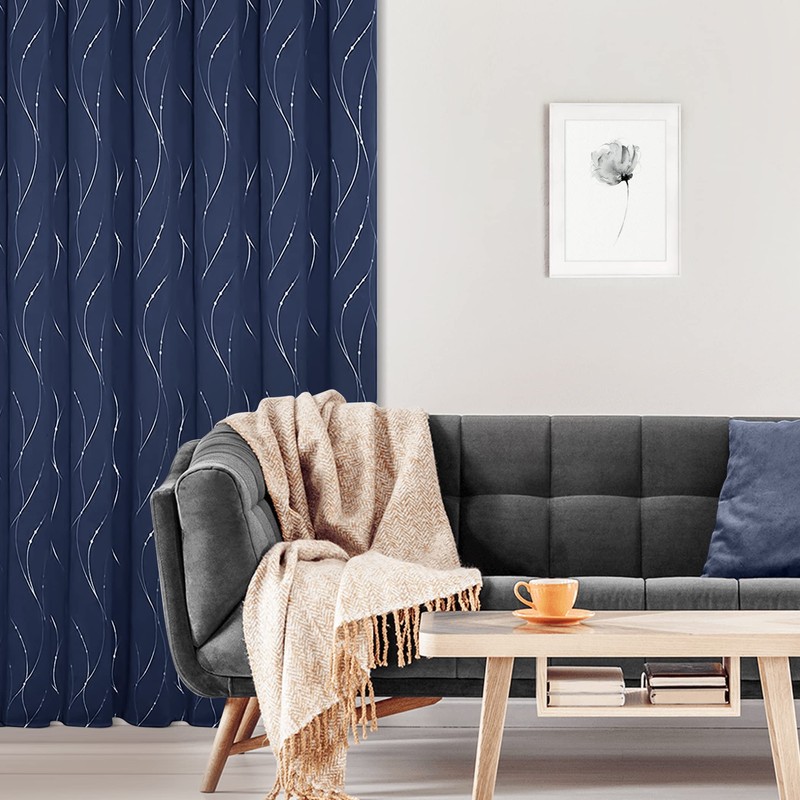 BUHUA Short Blackout Curtains - Silver Wave Pattern, Grommet Top