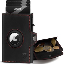 LORZOR AirTag Wallet with XXL Coin Compartment for 10+ Coins, Slim Wallet AirTag, Men's Genuine Leather Wallet, AirTag Wallet Men's Wallet, Card Holder RFID Protection, Smart Wallet, Wallet, black red