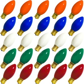 Egcol 25 Pack C9 Multicolor Replacement Bulbs, Incandescent E17 Intermediate Base Bulbs for Christmas String Lights, 7 Watt Night Lights Replacement Bulbs, 7W 120V Bulbs