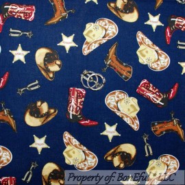Springs Creative Products BonEful Fabric FQ Cotton Quilt VTG Navy Blue Horse Shoe Bandanna Cowboy Star USA