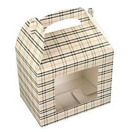 Bio Tek 10 x 7 x 8 Inch Gable Boxes For Party Favors, 25 Attractive Gift Boxes - Plaid Pattern, Clear PET Window, Paper Barn Boxes, With Built-In Handle, Disposable