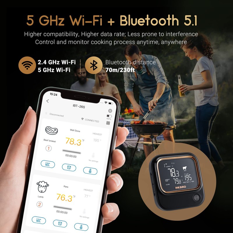 INKBIRD IBT-26S Bluetooth Wi-Fi BBQ Thermometer, with 4 Food-Grade Probes,