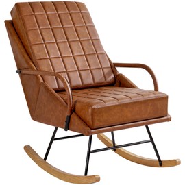 VECELO Rocking Chair Nursery Leather Glider Rocker with High Backrest, Upholstered for Living Room, Bedroom, Balcony, Brown