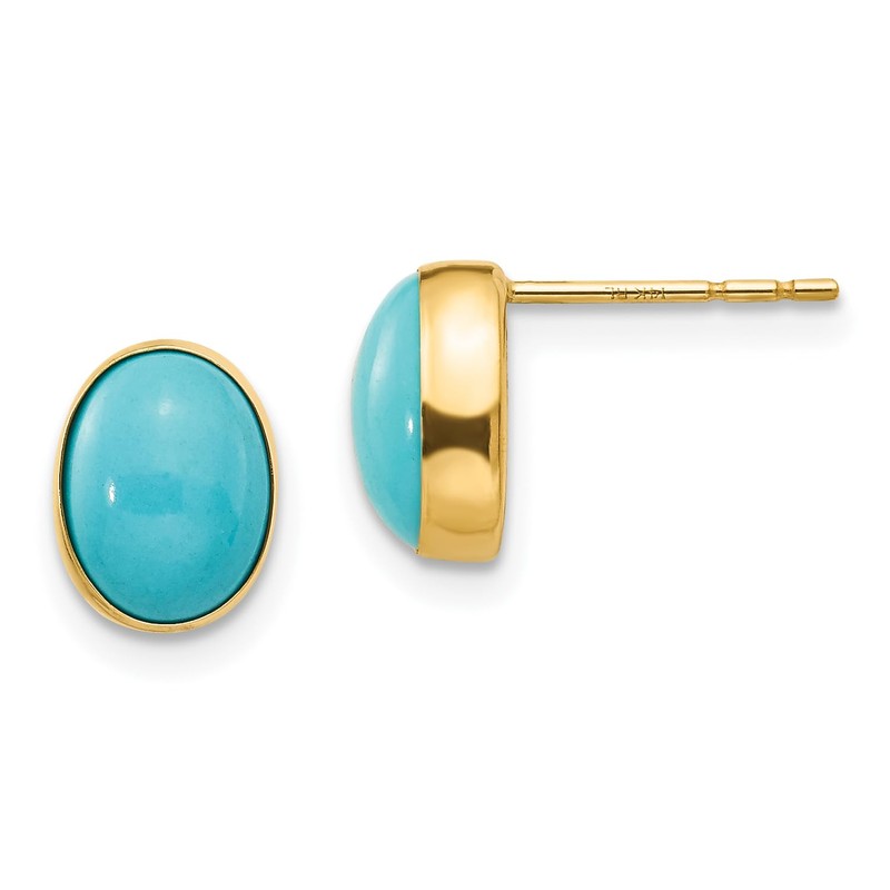 14K Solid Yellow Gold Oval Blue Turquoise Stud Earrings