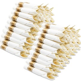 400 PCS Pre Rolled Napkin and Cutlery Set, Gold Plastic Flatware Sets Wrapped in Napkin, Disposable Cutlery Set with 100 Forks, 100 Knives, 100 Spoons, 100 Napkins for Wedding, Party，Dinner