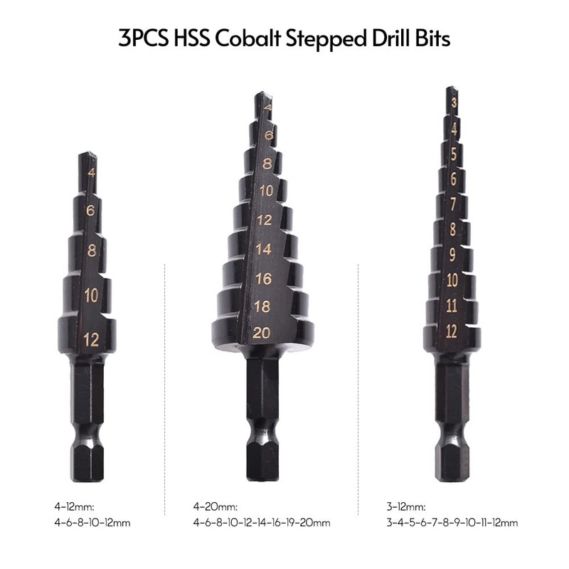 3PCS HSS Cobalt Stepped Drill Bit Set Practical Black Nitride