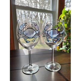 Blue Crab Hand Painted Stained Glass Stemmed Wine Glasses Set of 2