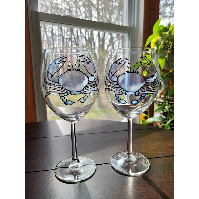 Blue Crab Hand Painted Stained Glass Stemmed Wine Glasses Set
