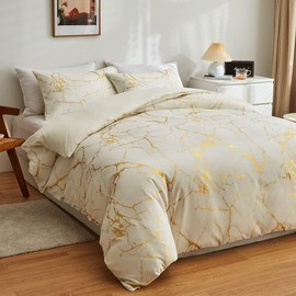 Bed Linen 135 x 200 cm, 2-Piece Beige Gold Aesthetic Marble Microfibre Bed Linen Set, Luxury Modern Duvet Cover Set with Metallic Glitter Pattern, Teenager, Reversible, Pillowcase 80 x 80 cm with Zip