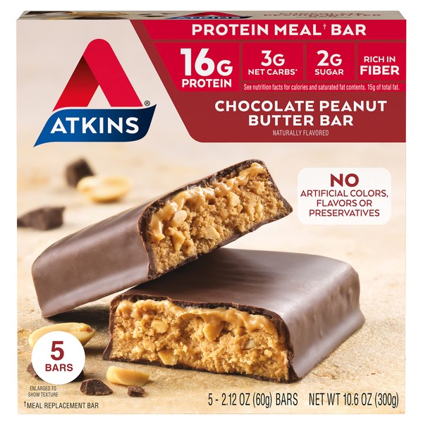 Atkins Chocolate Peanut Butter Protein Meal Bar, High Fiber, 16g