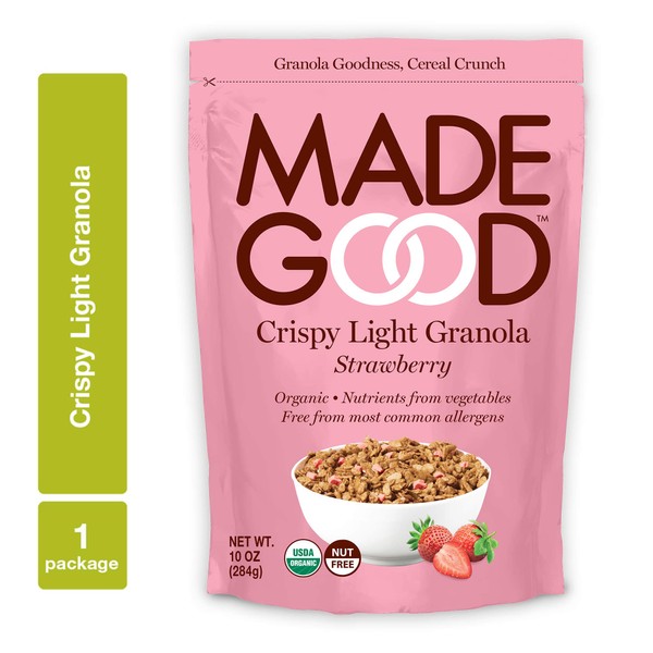 MadeGood Strawberry Crispy Light Granola (10oz); Gluten-Free Oats and Sweet, Juicy Strawberries; Contains Nutrients of One Serving of Vegetables in Each Portion; Organic, Allergen-Free Granola Cereal