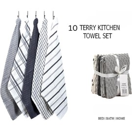 BLOOM BLENDS Pack of 5 Terry Cotton Kitchen Tea Towels Super Absorbent Quick Drying Soft Dish Towels for Bar Restaurant Cooking Cleaning and Drying (10pk Silver)