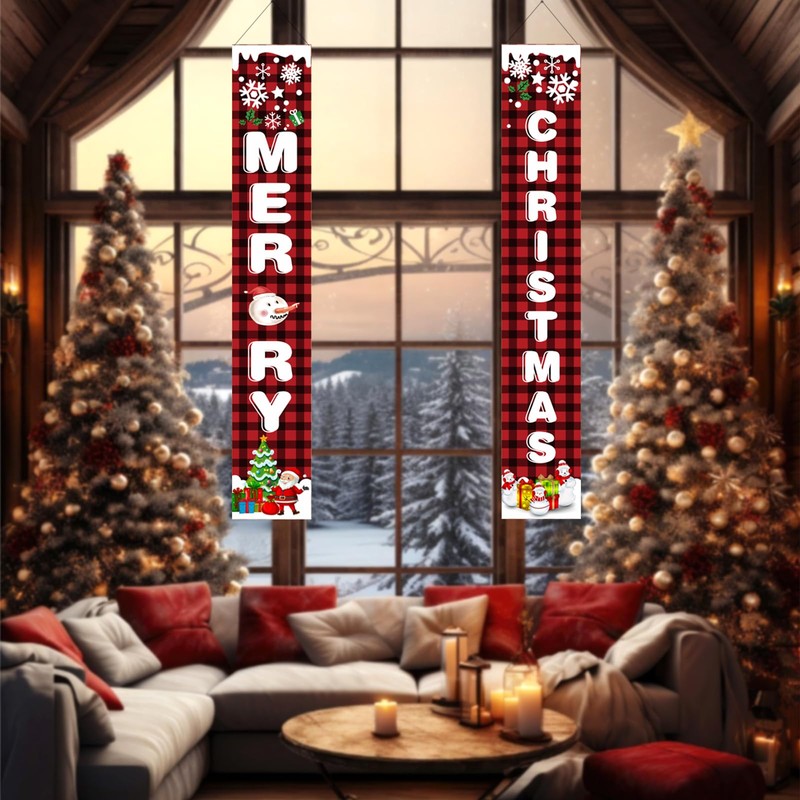 Merry Christmas Door Banner Set, Buffalo Plaid Red Black Porch