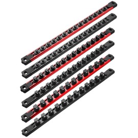 ALOANES Magnetic Socket Organizer Set, 6PC Heavy Duty Aluminum Socket Holder Organizer, 360° Swivel Clips Socket Holder Kit for Toolbox Drawer Fit 1/2, 3/8, 1/4-Inch x 80 Clips (Red&Black, 6PC)