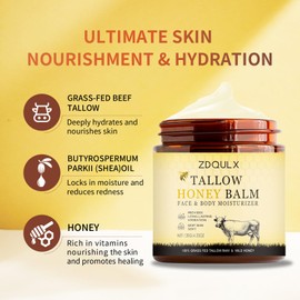 ZDQULX Grass-Fed Beef Tallow Balm with Raw Honey- Facial Moisturizer Cream Beef Tallow for Skin Natural Deeply Moisturizing for Face & Body Sensitive Dry Skin Repair 4.23 Oz