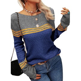Grlasen - Suéter de punto para mujer, diseño de bloques de color, cuello redondo, para otoño e invierno, Azul marino, XXL