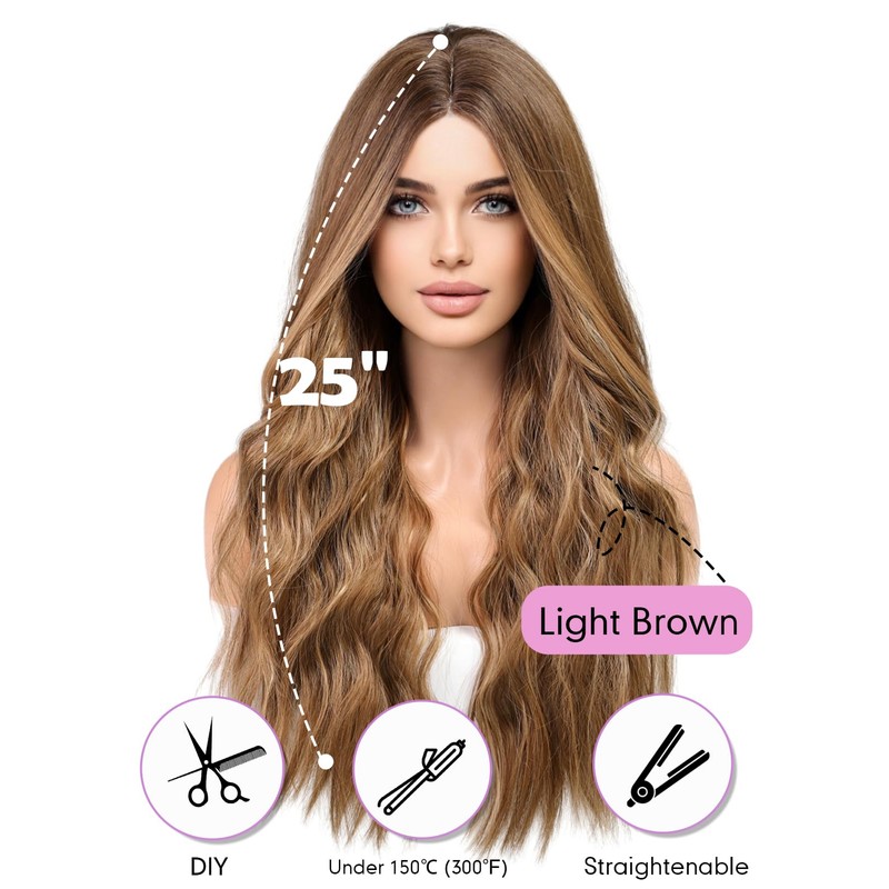 WOKESTAR Long Brown Wavy Wigs for Women Synthetic Wig for