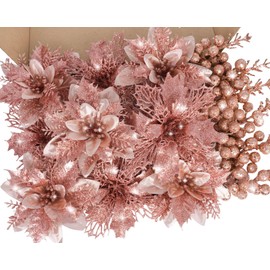 RICHMYC Christmas Flowers Artificial Glitter 24pcs Poinsettia Flowers Berries Christmas Decoration Christmas Tree Ornaments Xmas Wreath Garland Decoration, Rose Gold