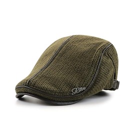 Elwow Men's Winter PU Leather Front Cotton Kint Driving Flat Cap Duckbill Ivy Irish Cap Newsboy Cabbie Scally Beret Cap Newsboy Hat with Weave Decorate (Army Green)