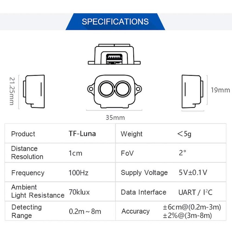 Stemedu Benewake TF-Luna LiDAR Module Radar Distance Meter Sensor Single